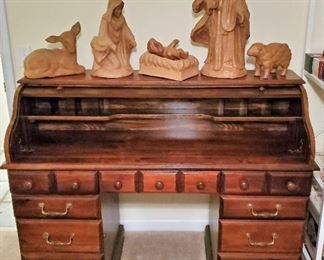 Nativity Figures and Roll Top Desk
