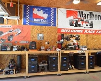 rolling work benches, Nascar, Indy, Marlboro flags & posters
