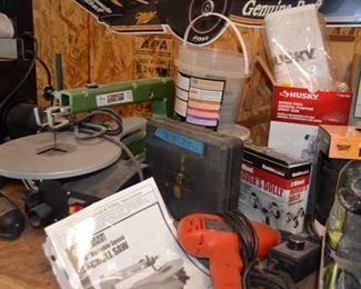 16" scroll saw, Husky spray gun, drills