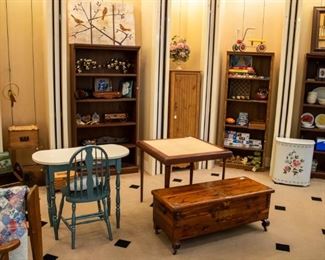 Cedar Trunk, vintage card table, and vanity/chair (have the skirt for it). Don't miss the 1950's metal hamper!