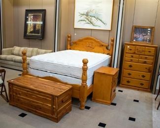 Very nice! Queen bed, matching chest and nightstand. The trunk is cedar!