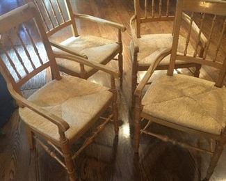 DREXEL SOLID PINE RUSH SEAT ARM CHAIRS , SET OF 4
