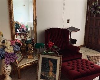 Marble bench, mirror, burgundy wing back chair with matching ottoman