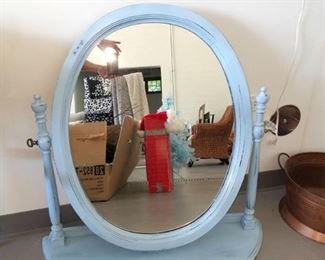 Blue distressed mirror on easel (large–dresser size)