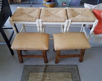 Three Ballard Design white/rush counter height bar stools. Pair of Pottery Barn rustic stools