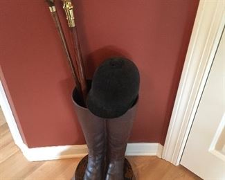 Riding hat, fox cane, brass top cane and ceramic riding boot holder.  Priced individually excellent condition