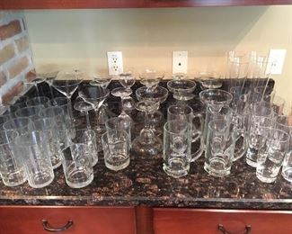 Glass ware, tumblers, margarita glasses, martini glasses, pilsners and beer mugs
