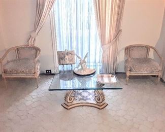  Lovely paired oval-back chairs and beautiful unique coffee table.