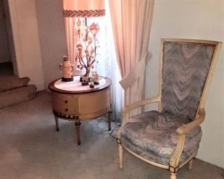 Another view of high-back side chair and lamp, lovely antique lamp table.