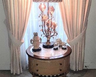 Gorgeous ensemble of lamp and round antique lamp table with marble inlay top.