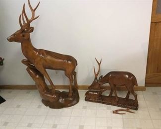 Two Wood Carved Deer