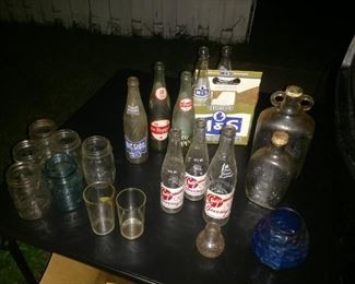 Lots of vintage soda bottles, vintage canning jars, and other misc. vintage glass bottles