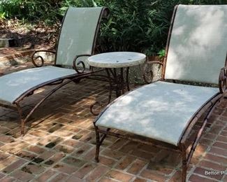 Pair Metal Bamboo style Loungers. Small Endtable