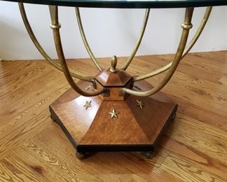 Table.  Vintage  C 1950's/1960's  Center/Dining                Birdseye Maple Base with 6-arched  Brass arm pedestal.  48" Diameter original beveled glass top.