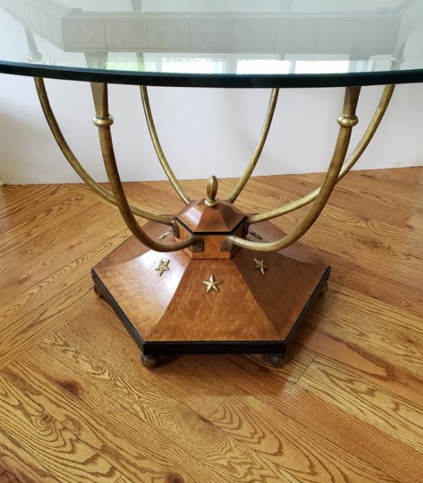 Table.  Vintage  C 1950's/1960's  Center/Dining                Birdseye Maple Base with 6-arched  Brass arm pedestal.  48" Diameter original beveled glass top.