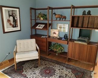 Mid Century Wall Unit, Ello, Walnut shelving unit, Mid Century Chair, Hand Knotted rug