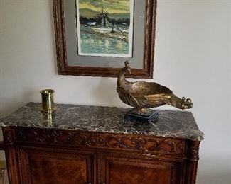 Henredon cabinet, marble top, hidden drawers , Beautiful farm watercolor w/geese 
