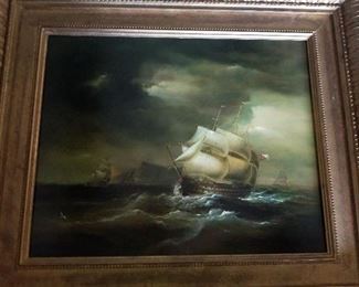 Oil Painting, "Man - O - War, Off the Coast",  by C. Chaplin, 16 X 20, 