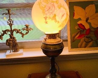 Hand Painted Globe, Early Century Oil Lamp converted for electric