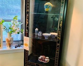Oriental Black Lacquer Cabinet, Glass Shelving with Light