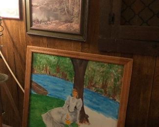 Painting of girl under a tree wondering if she'll have to paddle herself back to the park after date apparently got eaten by bears