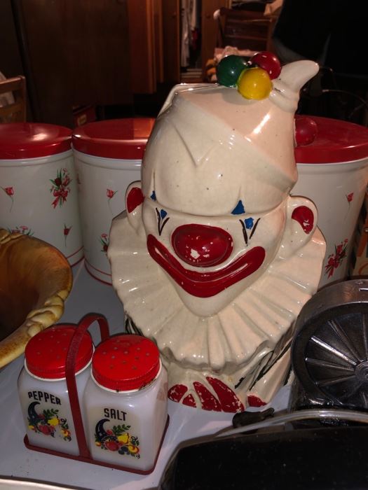 McCoy clown cookie jar and vintage salt/pepper shakers