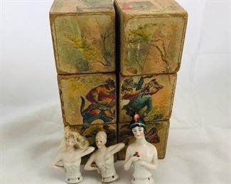 Porcelain Half Dolls and Victorian Block Puzzle