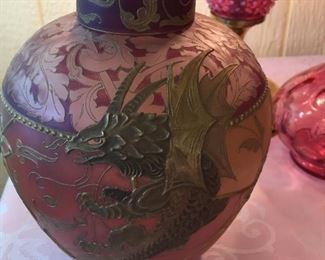 Moser type enameled art glass ginger jar and lid dragon 