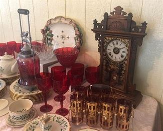 Antique clock cranberry glass and gold bar set 