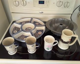 Serving dish set for a lazy susan, Irish coffee mugs, German Mug, baking form.