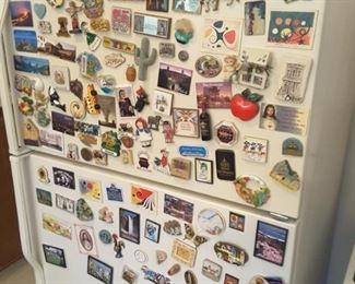 Collection of interesting refrigerator magnets from travels all over the United States and Europe. Kitchen Aid Refrigerator/Freezer.