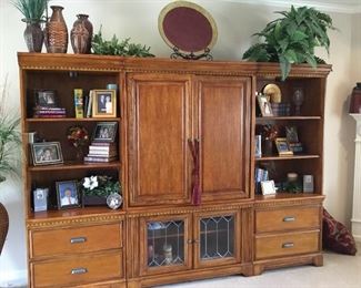 Wonderful furniture wall unit, 3 pieces, leaded glass at bottom of middle cabinet - 2 shelving units with storage along with great decor