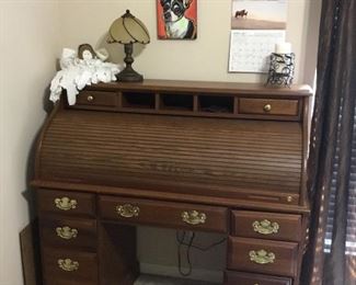 Roll top desk, decor & Harley clock