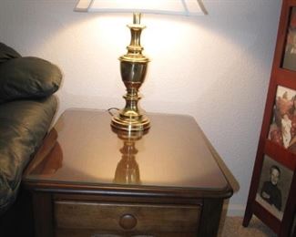 dark wood set- 2 side tables and coffee table with glass tops PERFECT CONDITION Several gold touch lamps