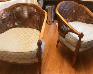 Pair of chairs, lovely caning, grey fabric