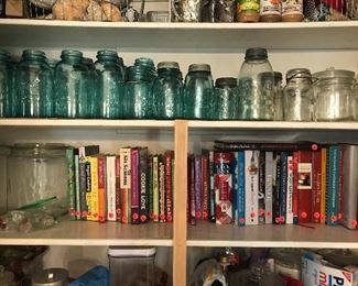 Vast collection of cookbooks and ball jars