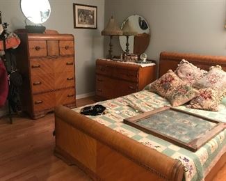 1930’s waterfall bedroom set, 5 piece set, elegant downtown abbey style, timeless glory plus incredible 48 state flower quilt