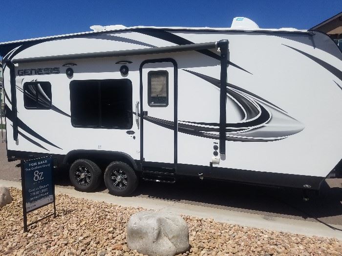 Genesis Supreme 19ss 2018 Toy Hauler/Camper, sleeps 6-8, organic cotton mattress, gas range, fits 2 quads and motorcycle. A must see!