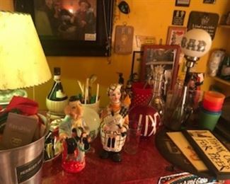 Bar and supplies...lights, signs, glasses, artwork 