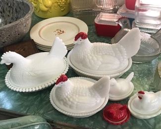 Milk and Clear Glass Hen lidded bowls