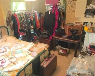 Painted Green iron bed, 100 year old antique table