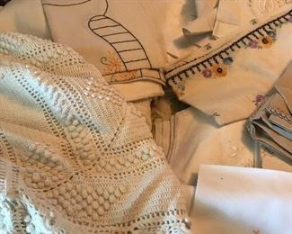 Crochet Bedspread, and vintage embroidered linens