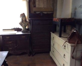 ANTIQUE OAK COMMODE, ANTIQUE HIGHBOY, OLD CHALKWARE BUST OF AN INDIAN- EARLY STOOL -ANTIQUE PAINTED DRESSER WITH MIRROR-OLD LEATHER TOOL BAG