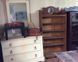 ANTIQUE PAINTED DRESSER WITH MIRROR- ANTIQUE OAK BOOKCASE -