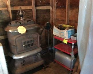 ANTIQUE ROUND OAK WOOD STOVE-RED METAL KITCHEN CART