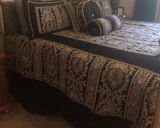 Brass Bed Frame NOT FOR SALE! Custom Bedding for Sale: Quilt, Bedskirt, 2 Shams, 3 Decorative Pillows w Military Pins,.. also available, Custom Cornices, Drapes, Runners, Table Covers...Matching Towels 
