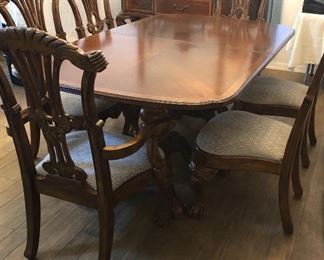 Dinning Table w Double Pedestal, 6 Side Chairs, 2 Arm Chairs, Table Covers and 2 Leaves, Newly Upholstered! 