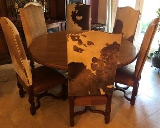 Solid Wood Pedestal Table w 6 Cowhide Chairs 