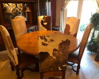 Solid Wood Pedestal Table w 6 Cowhide Chairs 