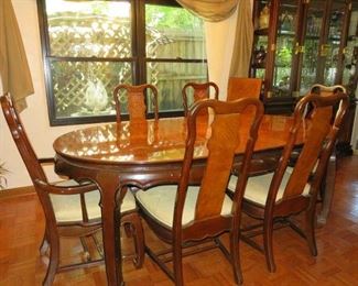 Oriental Asian Design Dining Table Set w/2 leaves, 6 Chairs, Matching China Cabinet & Drop Leaf Console Buffet Cabinet